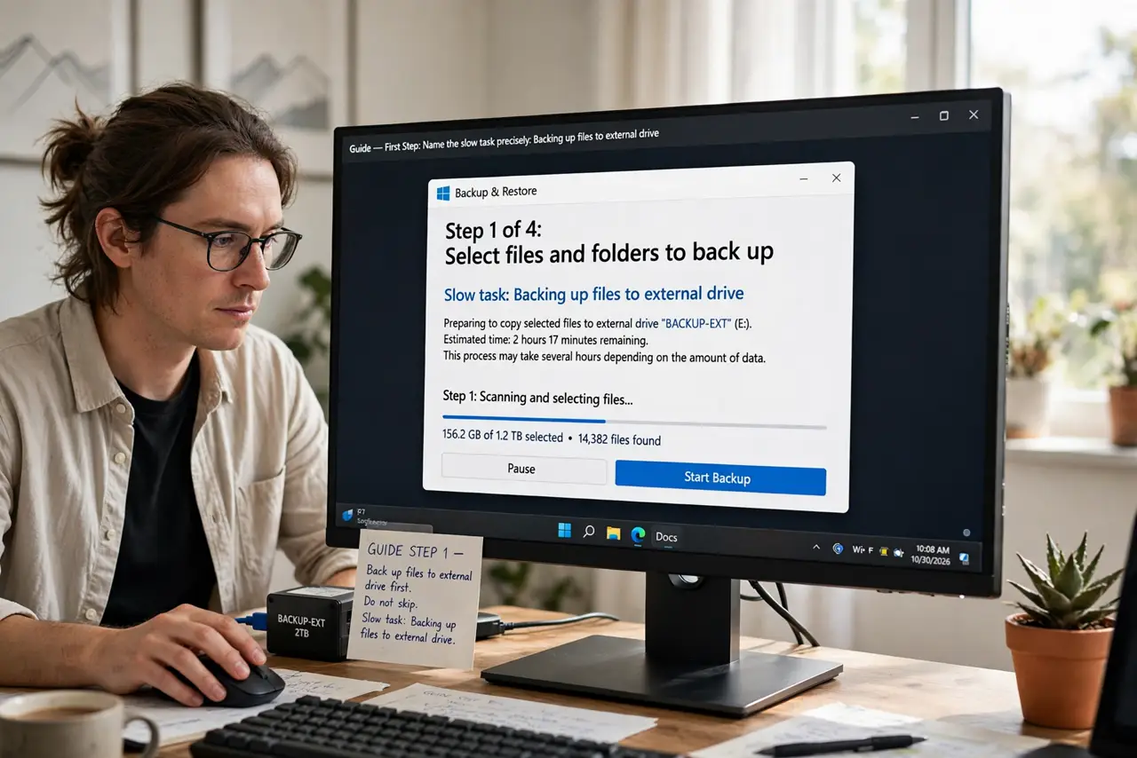 A person doing the guide's first step: Name the slow task precisely.