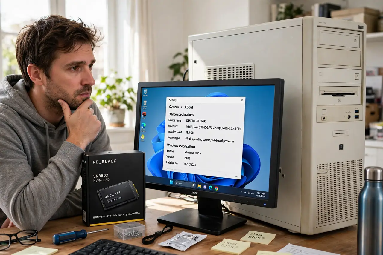 A person looking at a real older desktop PC with a thoughtful expression, hand on chin, a newer component box on the desk beside them, bright room.