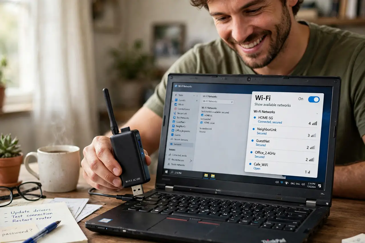 A person plugging a small real USB Wi-Fi adapter into a real older laptop, the screen showing a legible Wi-Fi network list, the person's face pleased, home…