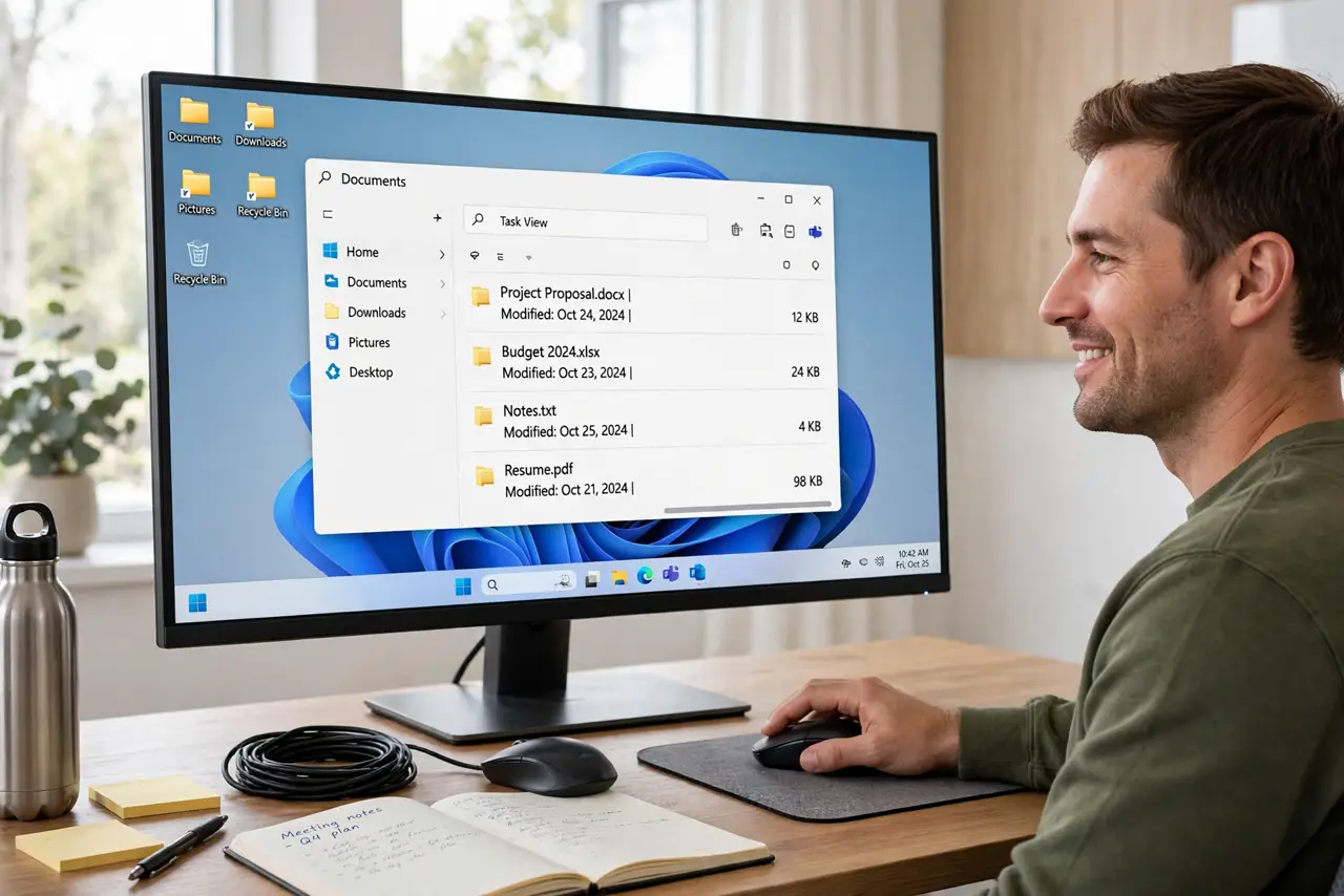 A person using a real wireless mouse on a desk next to a coiled cable and a wired mouse for comparison, a monitor showing a desktop, the person's face relaxed, bright room.