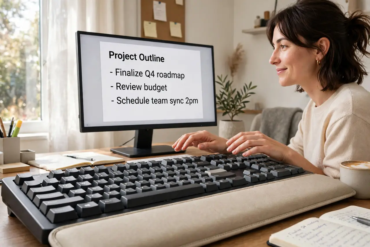 A person typing on a real keyboard with a padded wrist rest in front, palms hovering correctly above it, the person's face comfortable, bright home office.