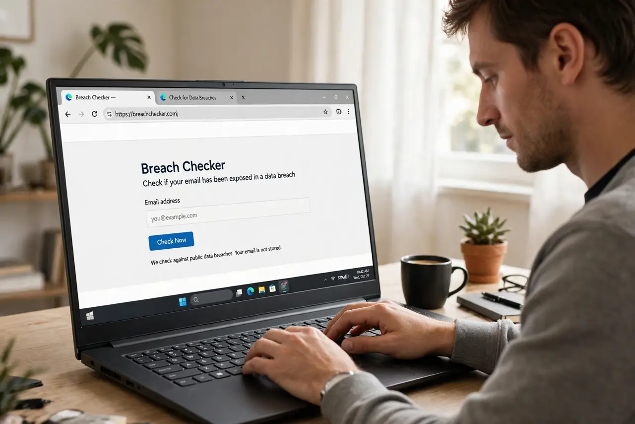 Photoreal photo of a person performing the first step: Go to the official site directly. Type the address yourself rather than clicking email links — 