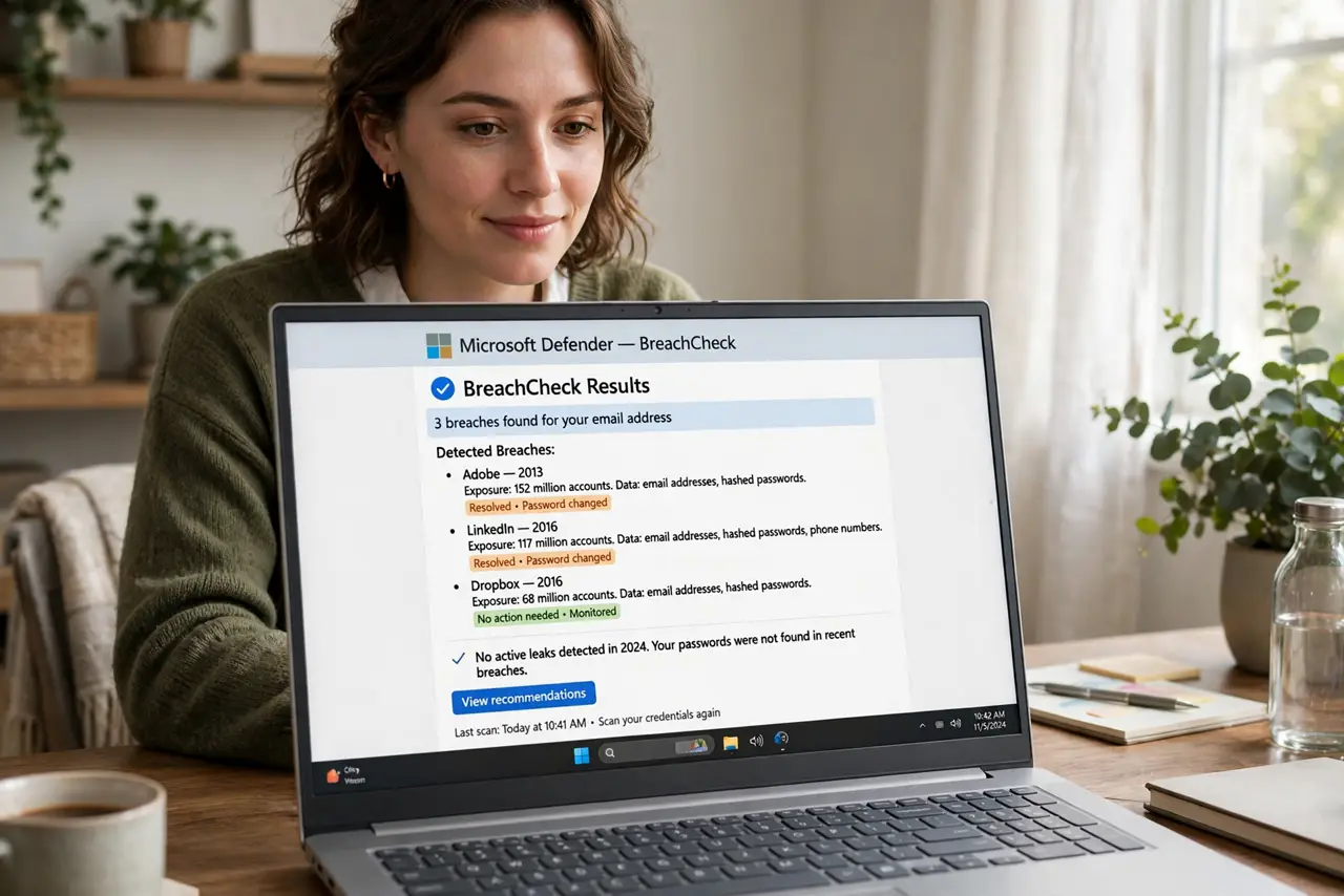 Photoreal photo: a person at a desk with a real laptop showing a breach-check results page with legible breach names listed, the person's face calmly attentive, home office. No black screen, no blank white screen, no fake or garbled s