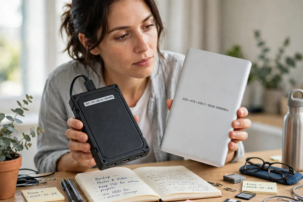 a person holding a real external HDD and a real external SSD side by side, both clearly visible, the person's face thoughtful, bright desk. No black screen, no blank white screen, .