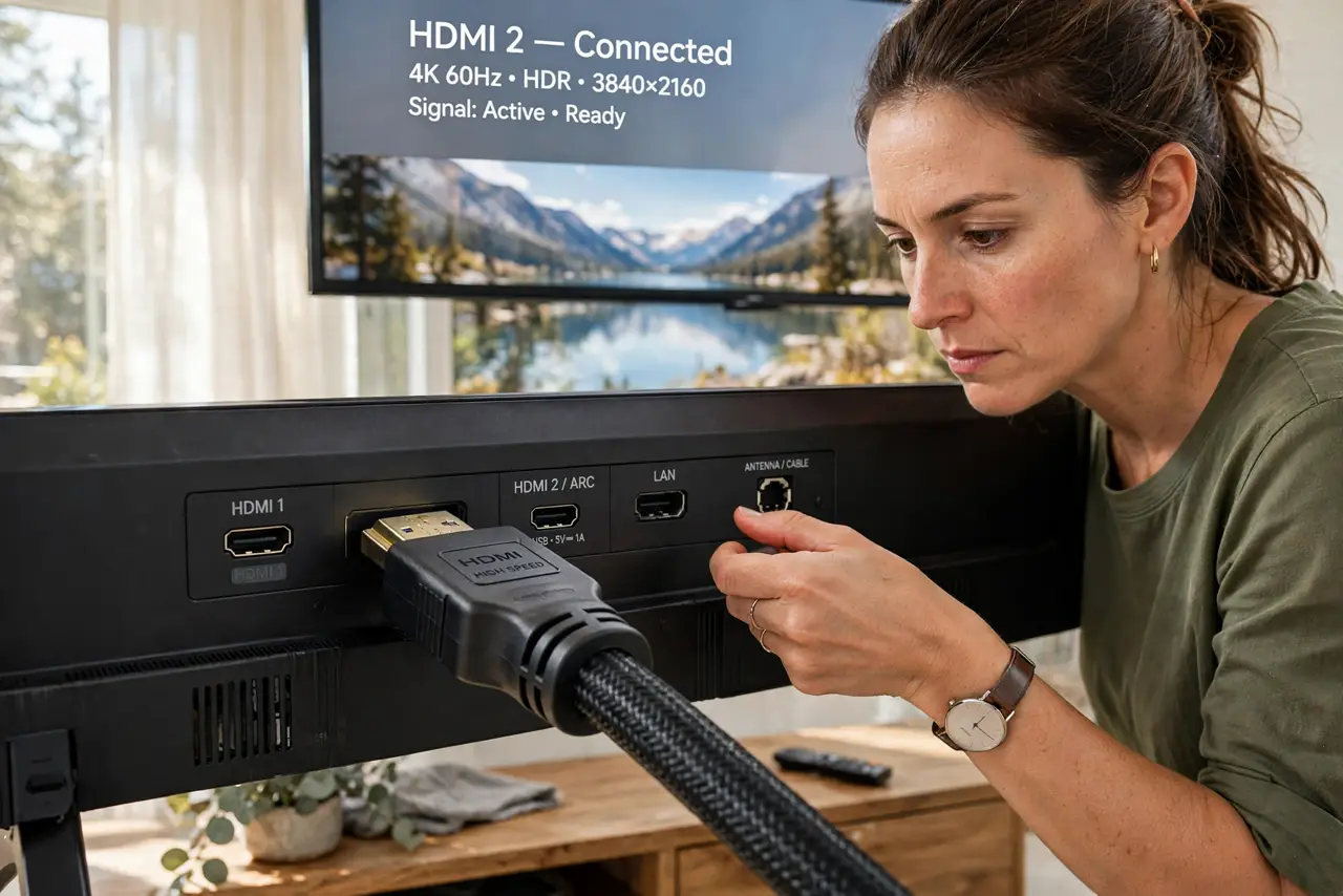 a person connecting a real HDMI cable to the back of a real TV, the ports clearly visible, the person's face focused. No black screen, no blank white screen, no fake or garbled scr.