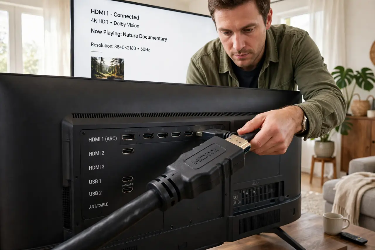 a person connecting a real HDMI cable to the back of a real 4K TV, the HDMI port labels visible, the person's face focused, living room. No black screen, no blank white screen, no .