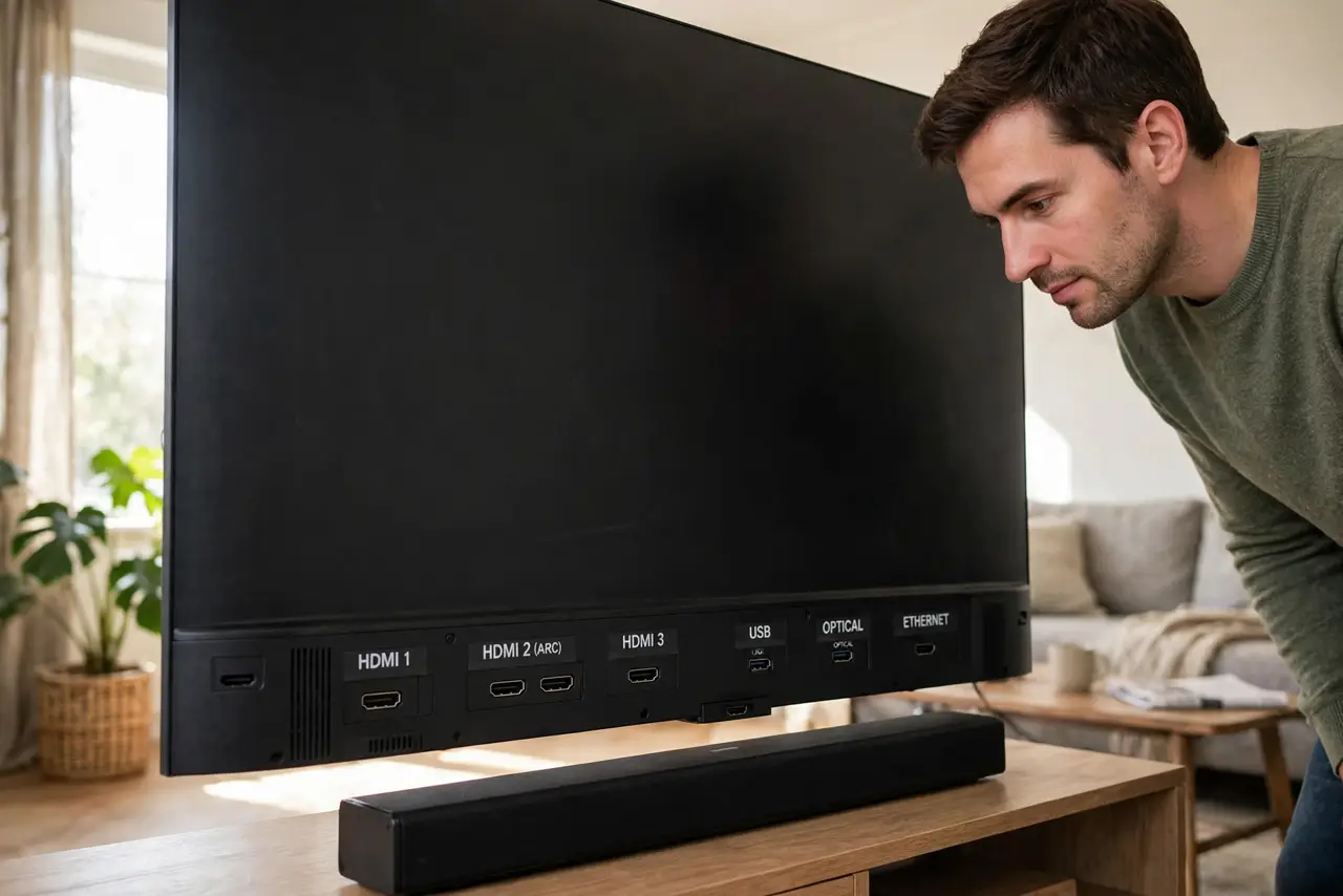 A person performing the first step: Find the ARC-labeled port. Only one HDMI port per TV usually carries ARC — it is.
