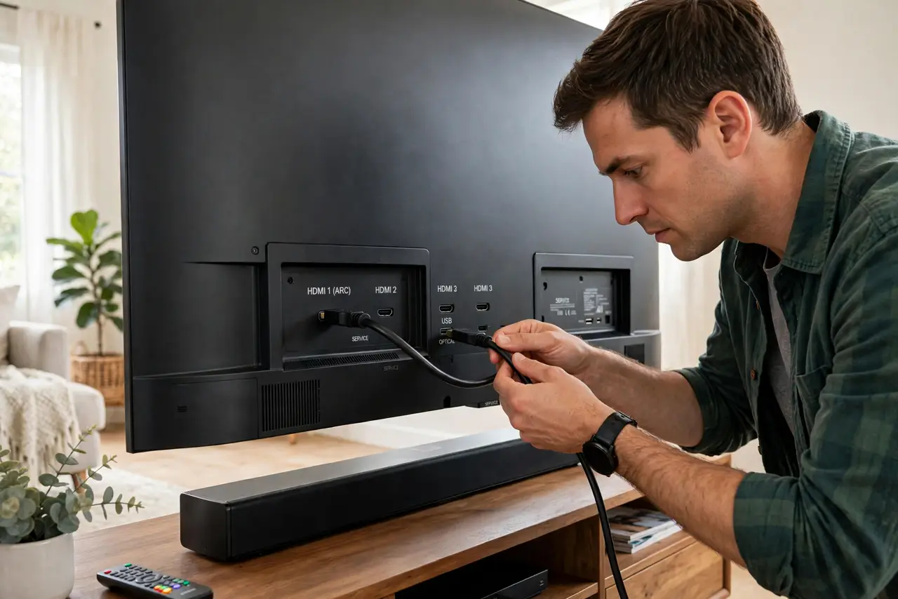 A person connecting a real HDMI cable to the back of a real TV where the port labels are visible, a soundbar sitting