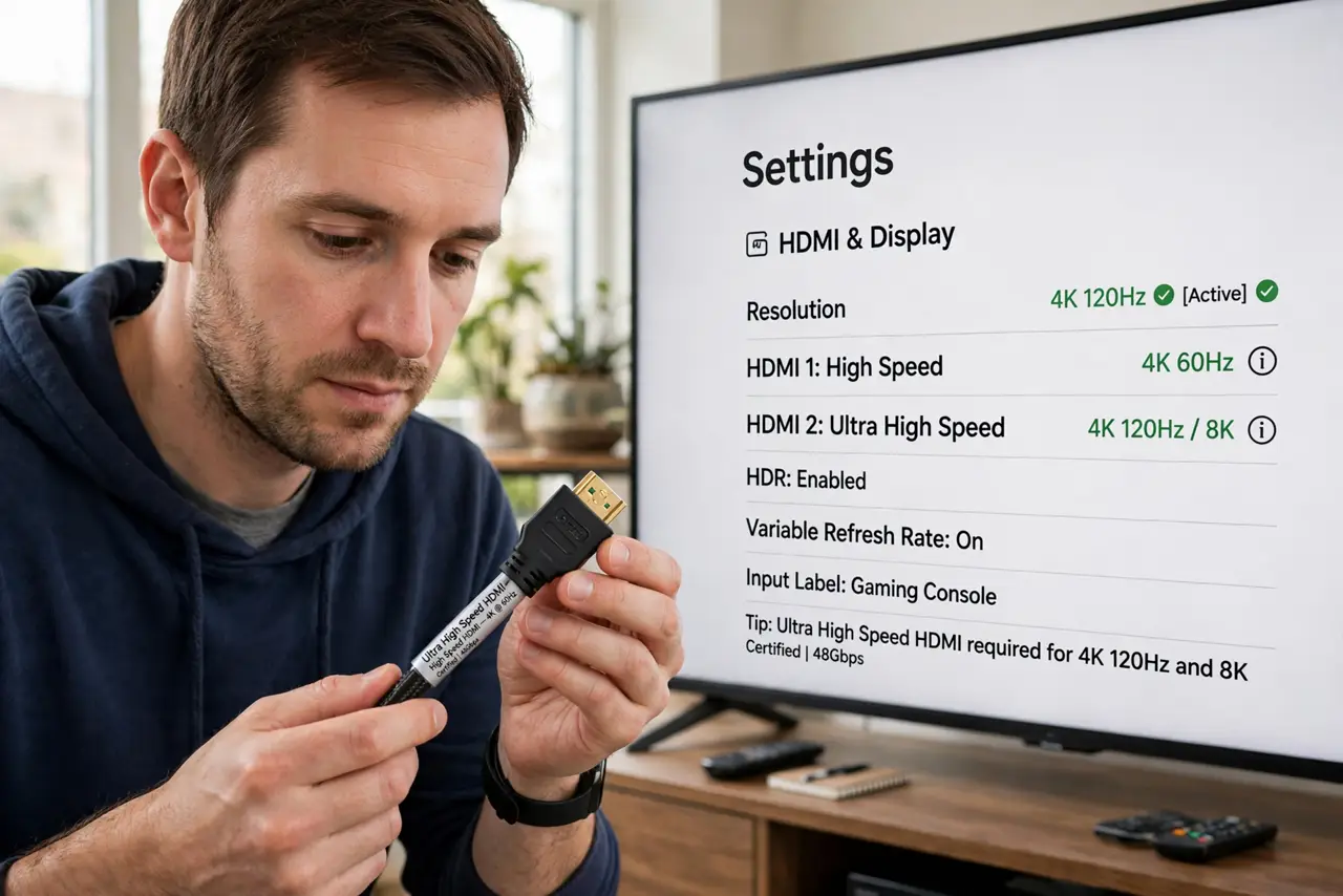 A person performing step 1 of the guide: Learn the two labels that matter. High Speed HDMI handles 4K at 60Hz; Ultra High Speed handles 4K at 120Hz and 8K. Older Standard cables...