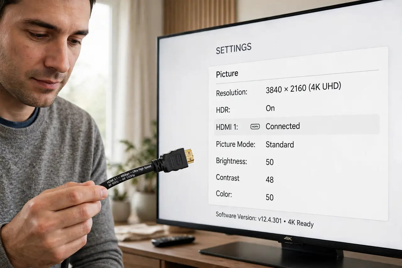 a calm adult holding a real HDMI cable next to a real 4K TV showing a normal settings screen with legible text, the person checking the cable markings