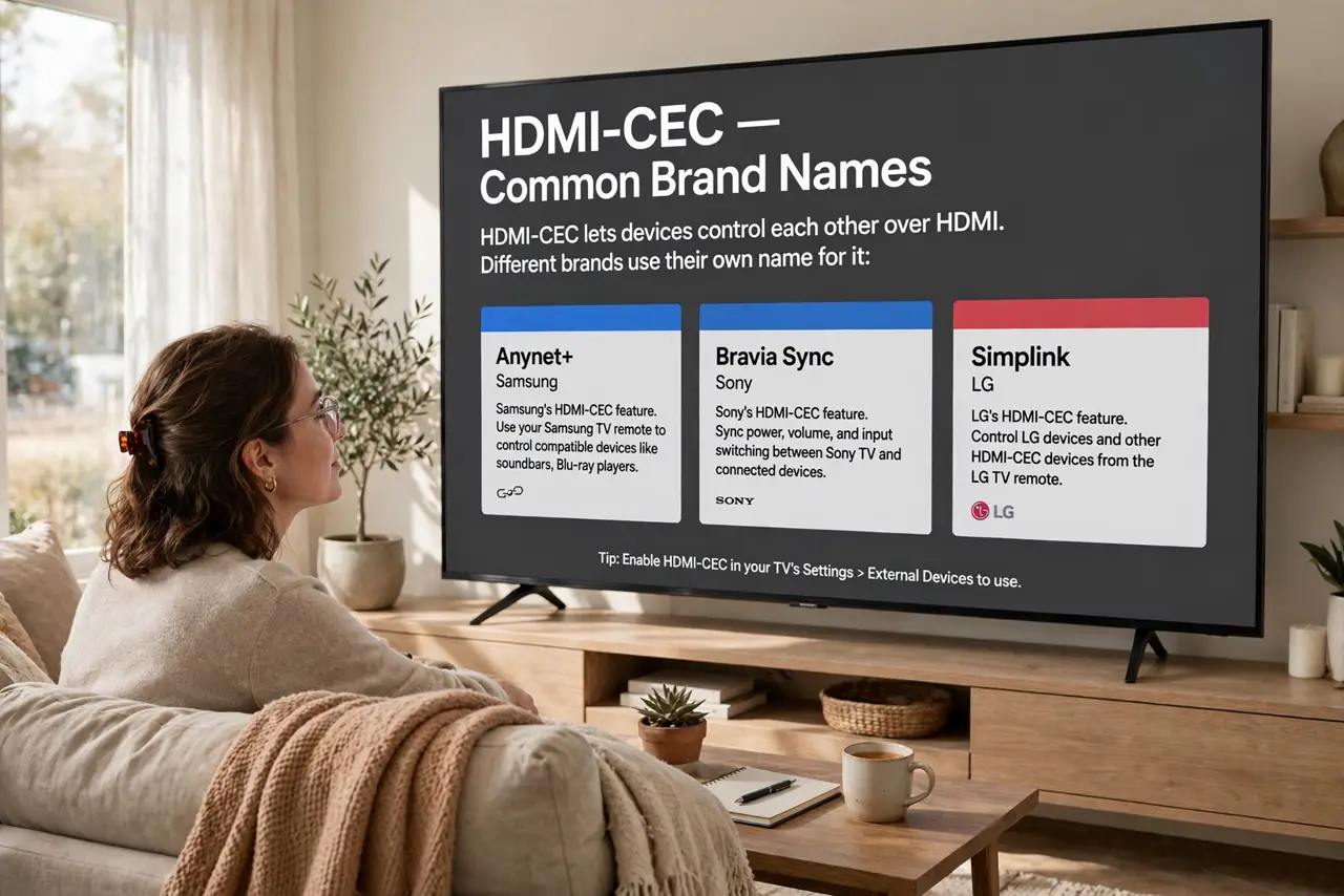 Photoreal photo of a person performing the first step: Learn the brand names. CEC hides as Anynet+ (Samsung), Bravia Sync (Sony), Simplink (LG), an...