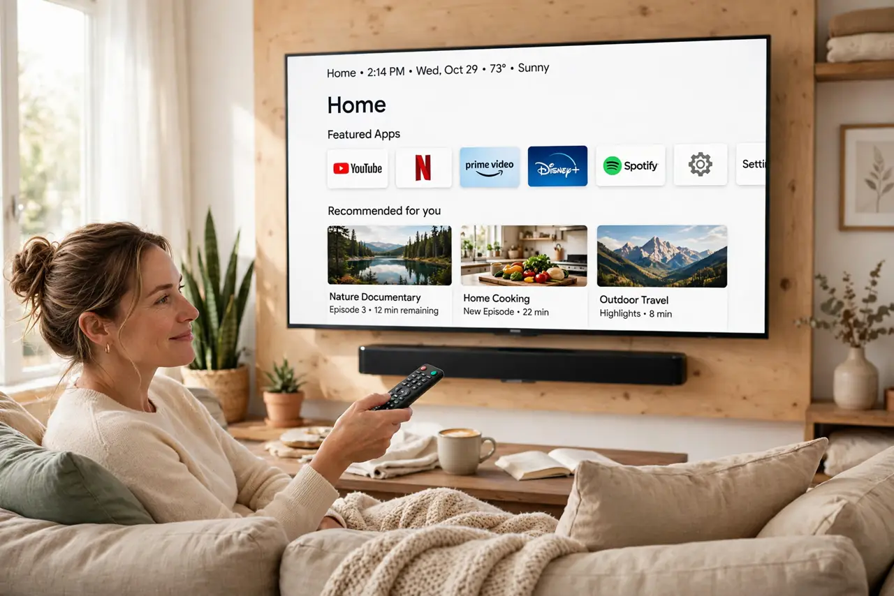Photoreal photo: a person on a couch holding a single real TV remote pointed at a real TV with a real soundbar below, the TV showing a legible home screen, the person's face satisfied, cozy living room. No black sc...