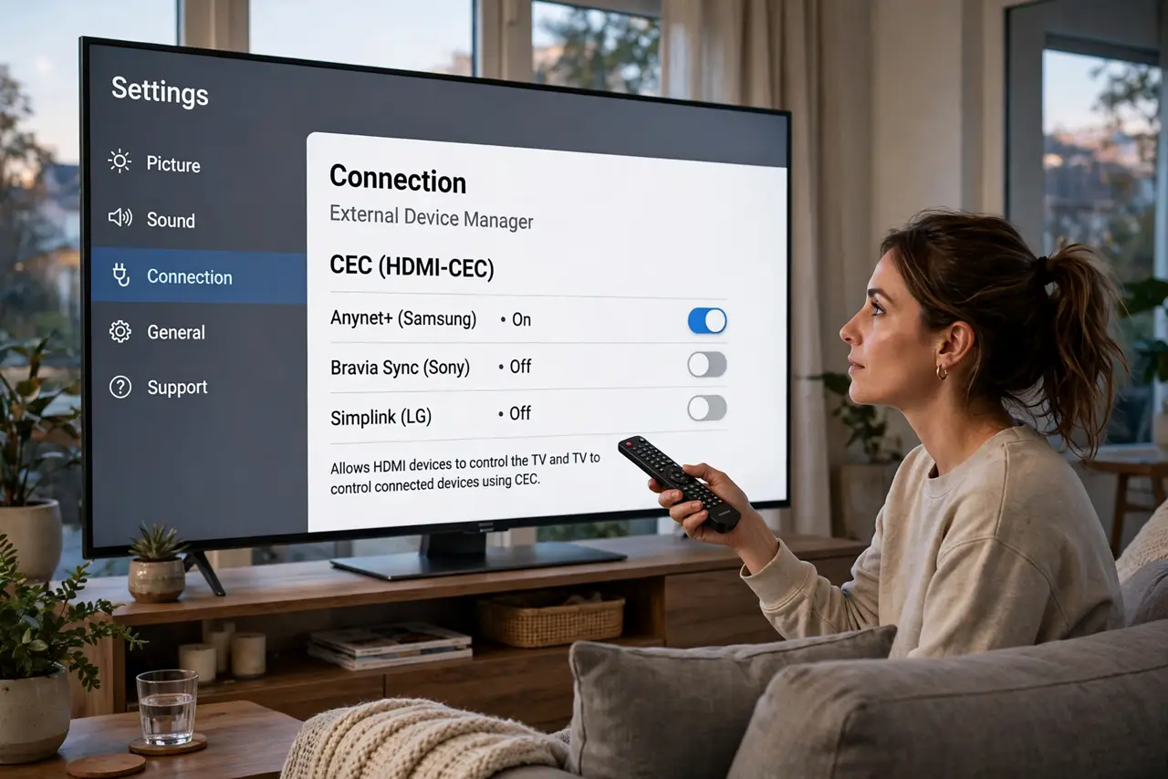 A person performing the first step: Learn its brand name on your TV. Makers rename CEC: Samsung Anynet+, Sony Bravia.