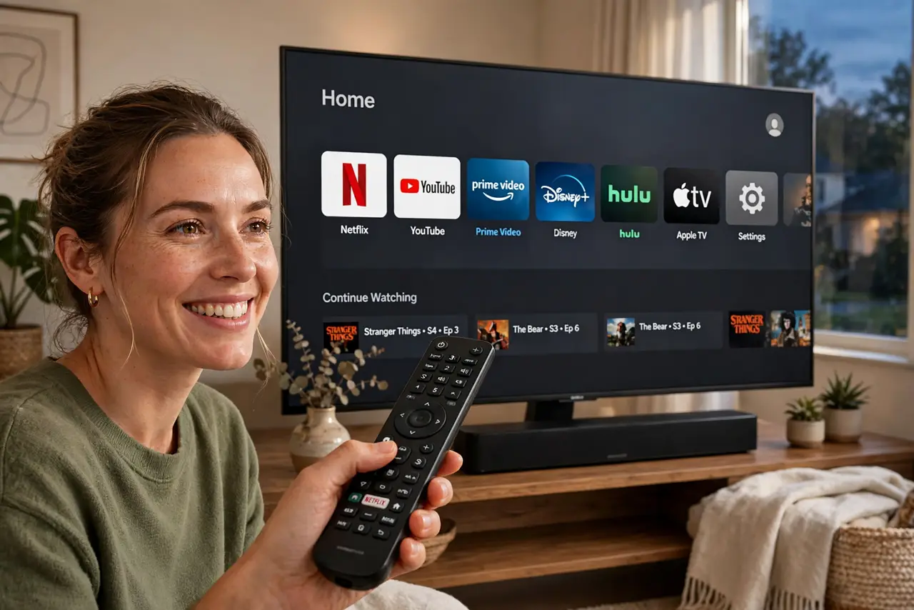 A person holding a real TV remote pointed at a real TV showing a home screen with legible app icons, a soundbar below