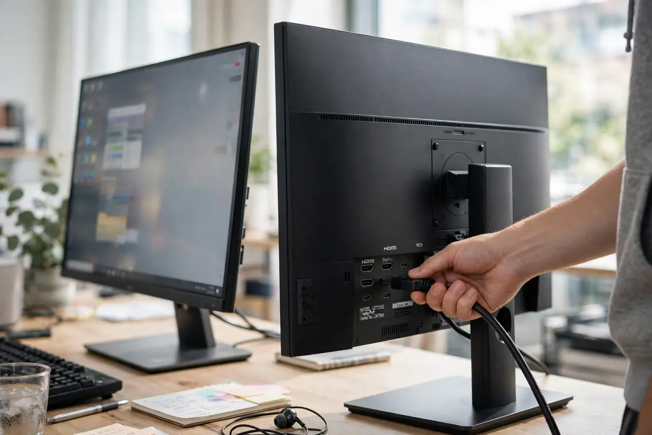 A hand plugging an HDMI cable into a different port on the back of a real desktop monitor.