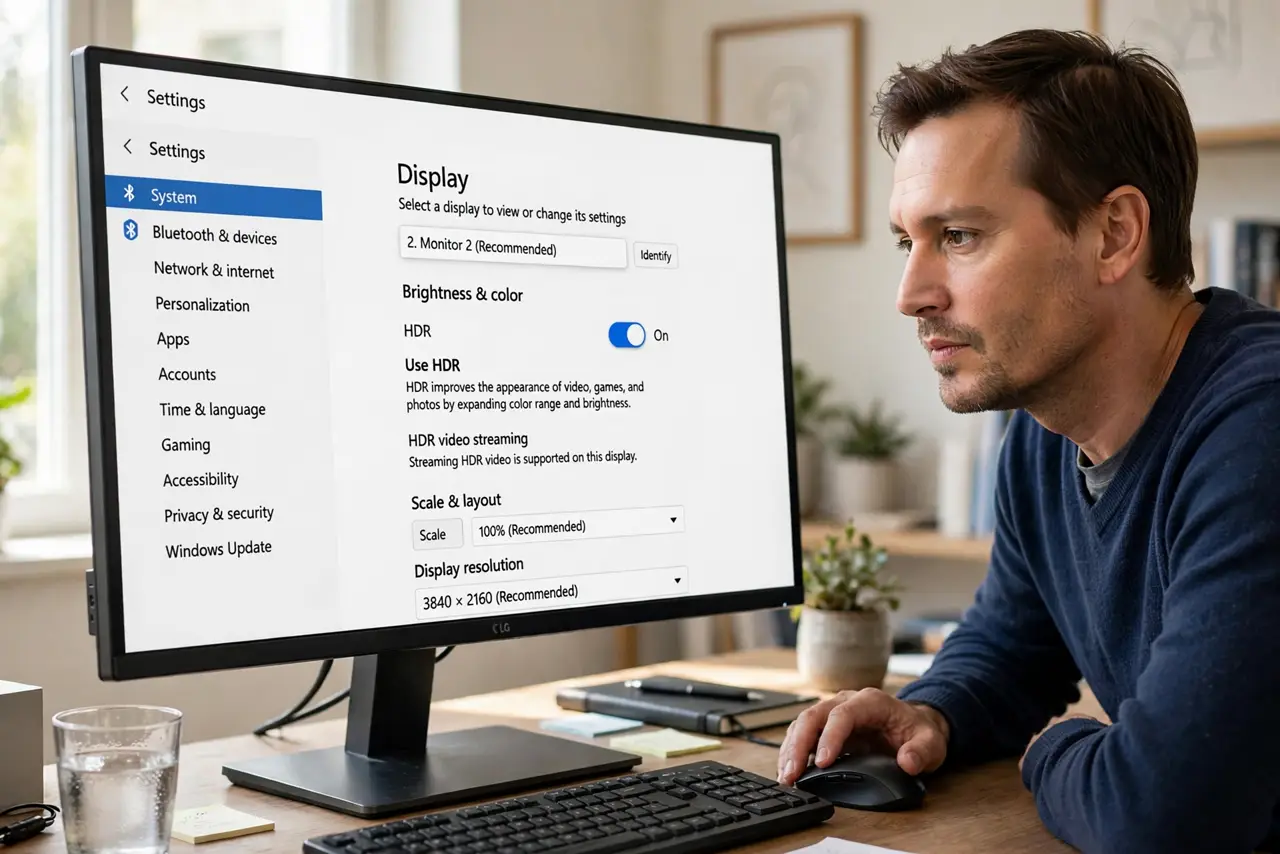 A calm man confirming HDR is on for the right monitor in Windows Display settings.