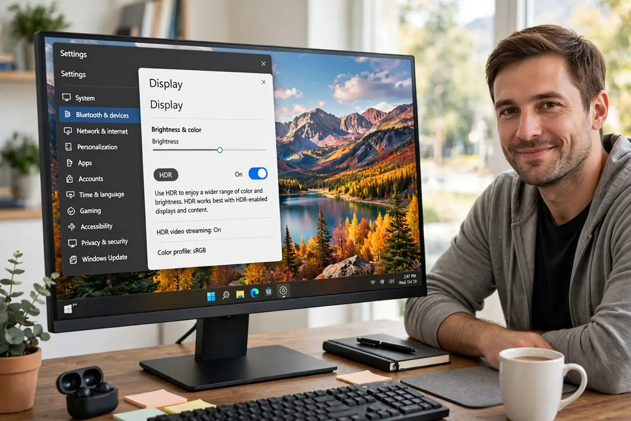 A relaxed man at a desk looking at a Windows monitor showing the Display settings page with the HDR toggle on.