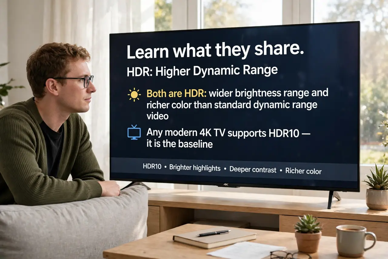 A person performing the guide's first step: Learn what they share. Both are HDR: wider brightness range and richer color than standard dynamic range video. Any modern 4K TV supports…