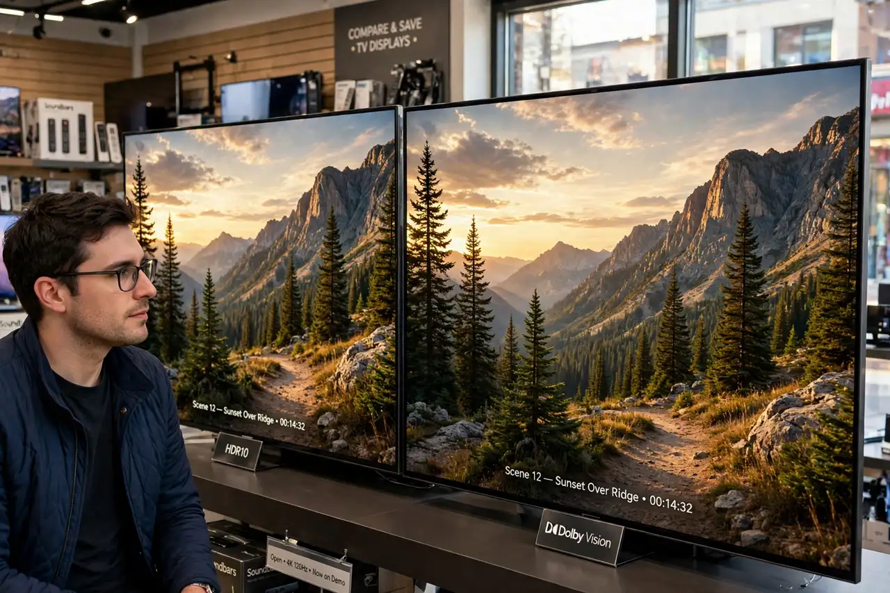 A person in a store comparing two real TVs side by side showing the same legible movie scene, one labeled HDR10 and one Dolby Vision, the person's face comparing carefully..