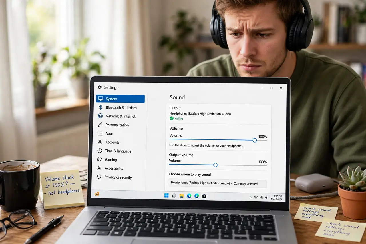 a person testing real over-ear headphones with a laptop showing a legible volume slider at maximum, the person's face puzzled, home desk.