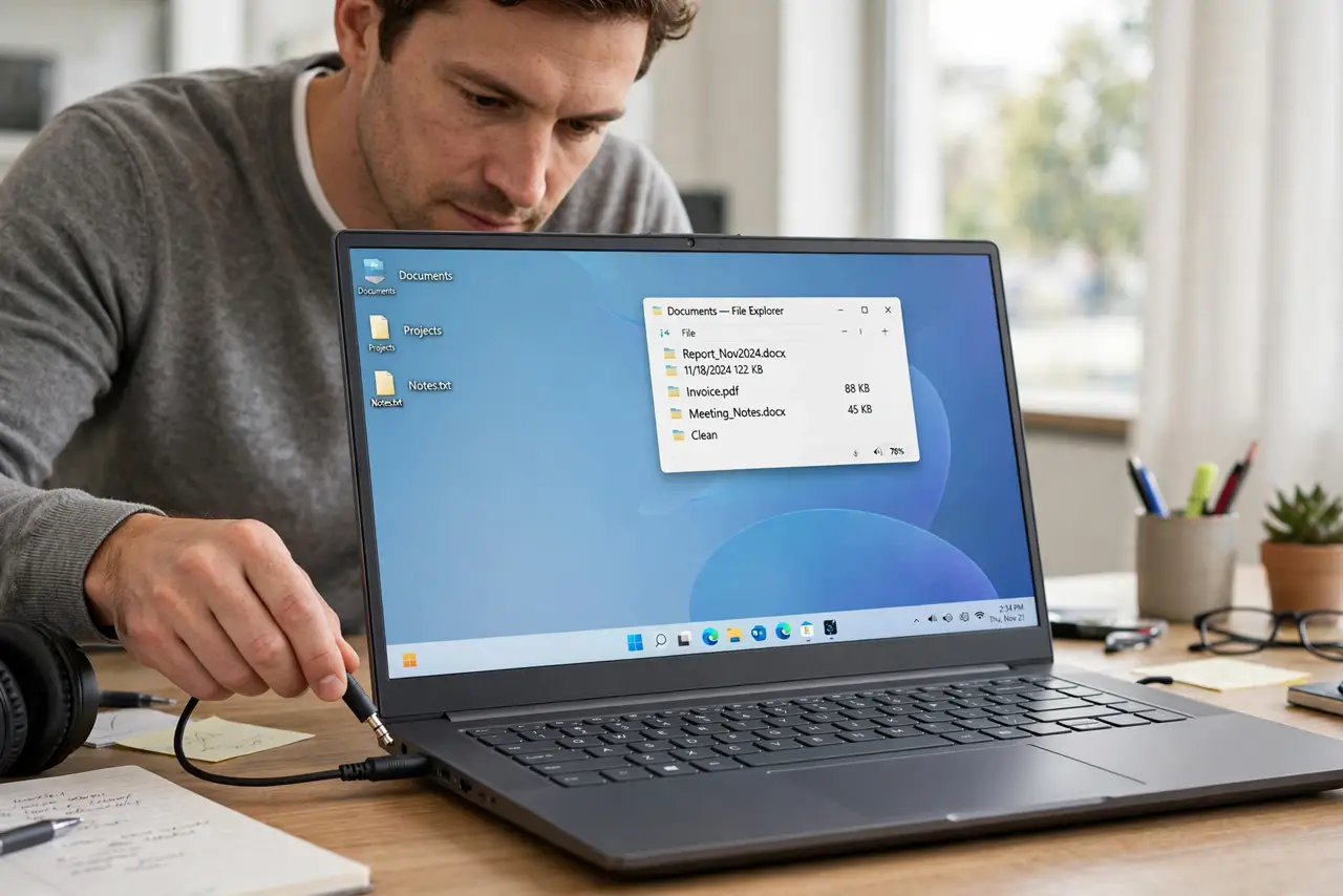 An adult firmly plugging a headphone cable into a Windows laptop.