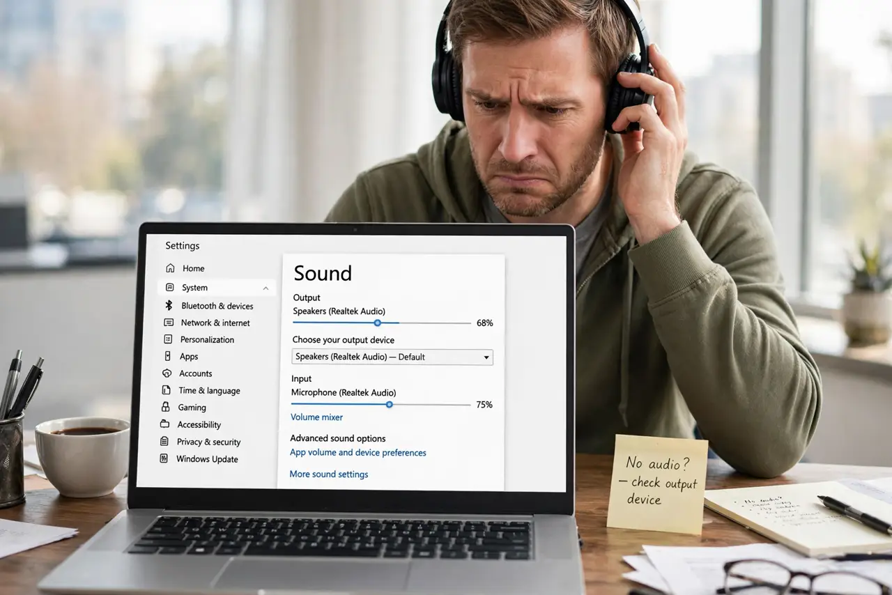 A frustrated adult wearing headphones that Windows does not detect.