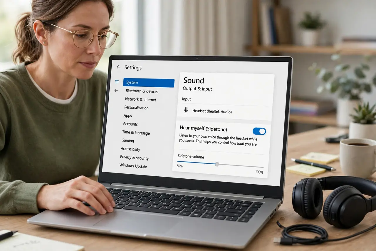 A person performing step 1 of the guide: Find the sidetone setting. Open your headset's companion app, or your computer's sound settings, and look for Sidetone or Hear Myself....