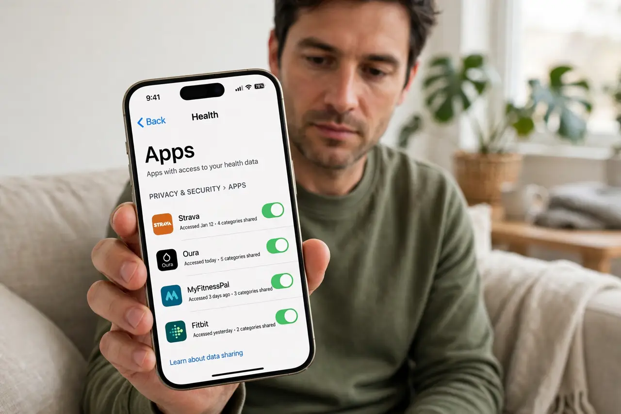 a person reviewing a phone's Health app sharing screen showing a legible list of apps with access, sitting on a couch, the person's face attentive and in control.