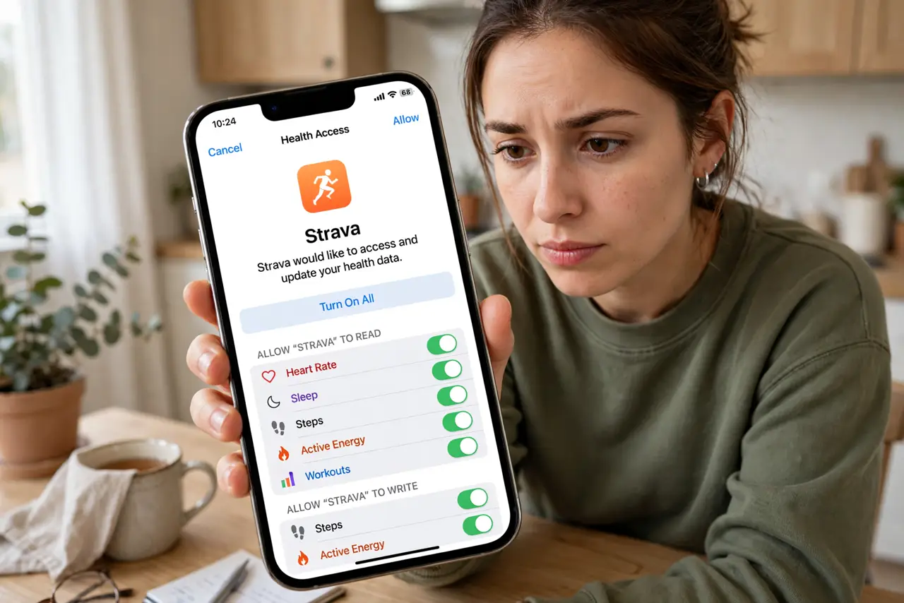 a person reviewing app permissions on a phone showing a legible health data access screen, health app icons visible, the person's face cautious and determined, home setting.
