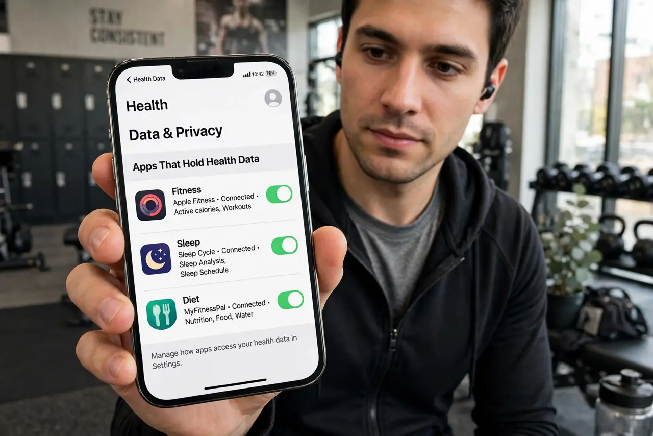 A person performing the first step: List which apps hold health data. Fitness, sleep, diet, and anything connected to.