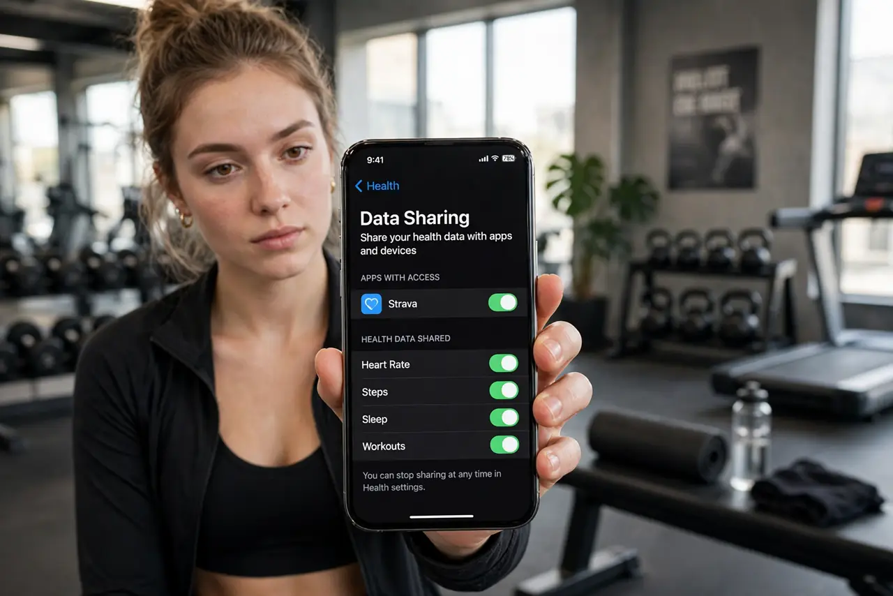 A person holding a real phone showing a health app's data-sharing settings with legible toggles, wearing workout