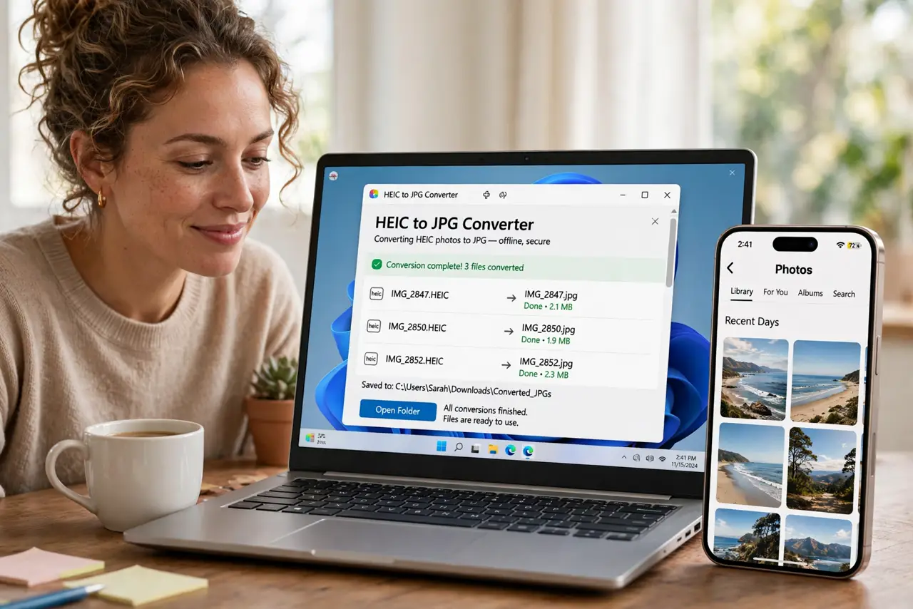 a person at a real laptop with a photo converter showing an HEIC file becoming a JPG with legible filenames, an iPhone beside the laptop, the person's face r...