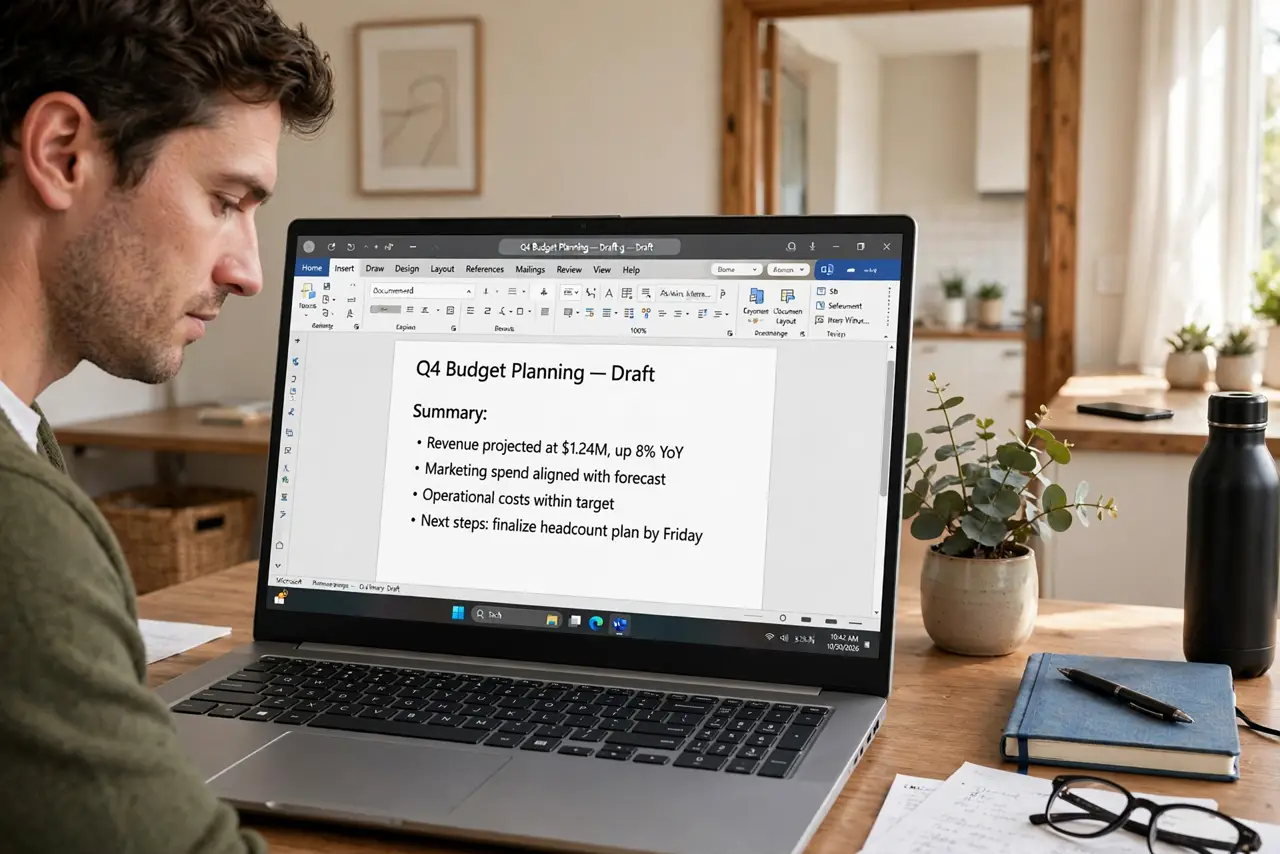 A person working at a desk with a real laptop showing a document, phone placed face-down in another room visible through a doorway, the person's face calm and.