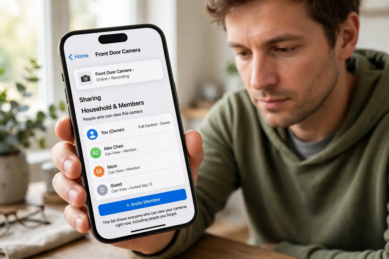 A person performing step 1 of the guide: Open the camera's sharing settings. Open the camera app and find sharing, household, or members. That list shows everyone who can view...