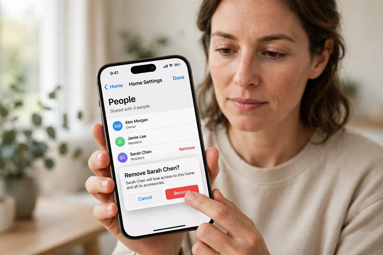 a calm adult holding a real iPhone showing a normal home camera app with a shared users list and legible names, the person removing one