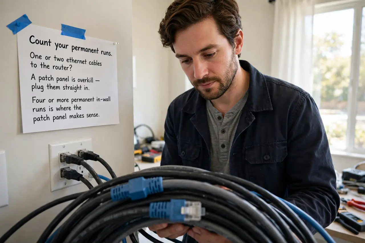 A person performing step 1: Count your permanent runs. One or two ethernet cables to the router? A patch panel is overkill — plug them str.