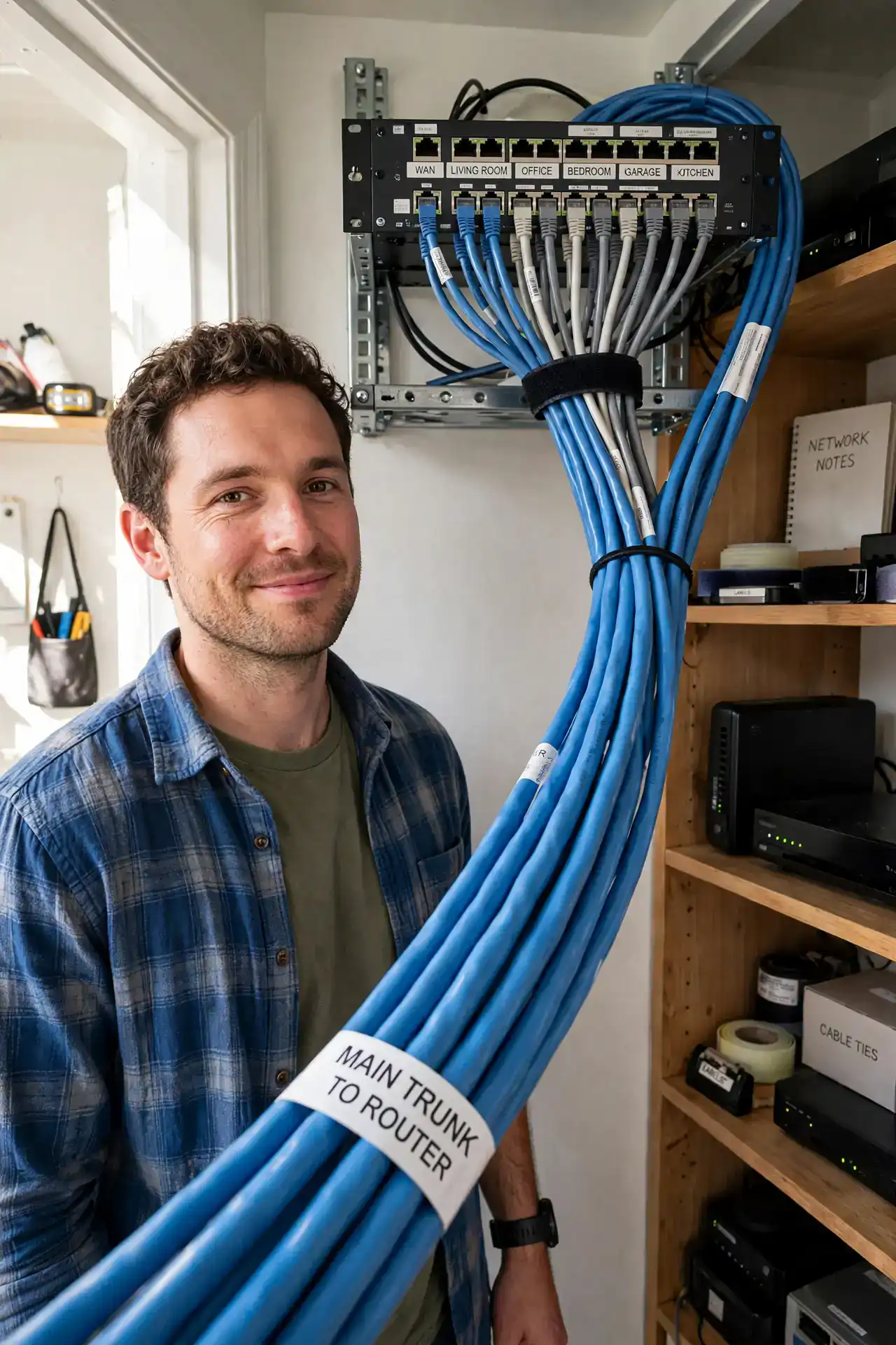 A person standing in front of a small wall-mounted network rack with a real patch panel, labeled ethernet cables neatly connected, the person's face satisfied, home office closet.
