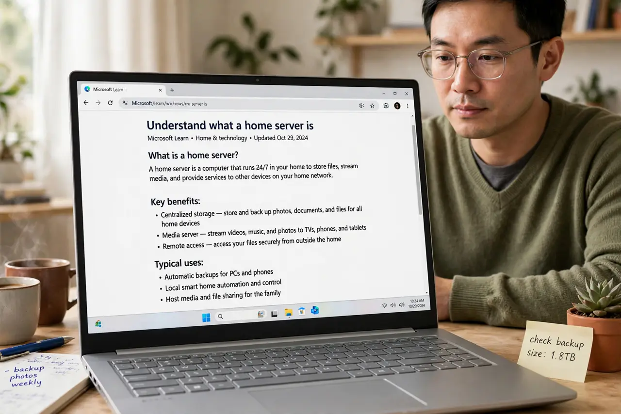 A person calmly performing the guide's first step: Understand what a home server is.
