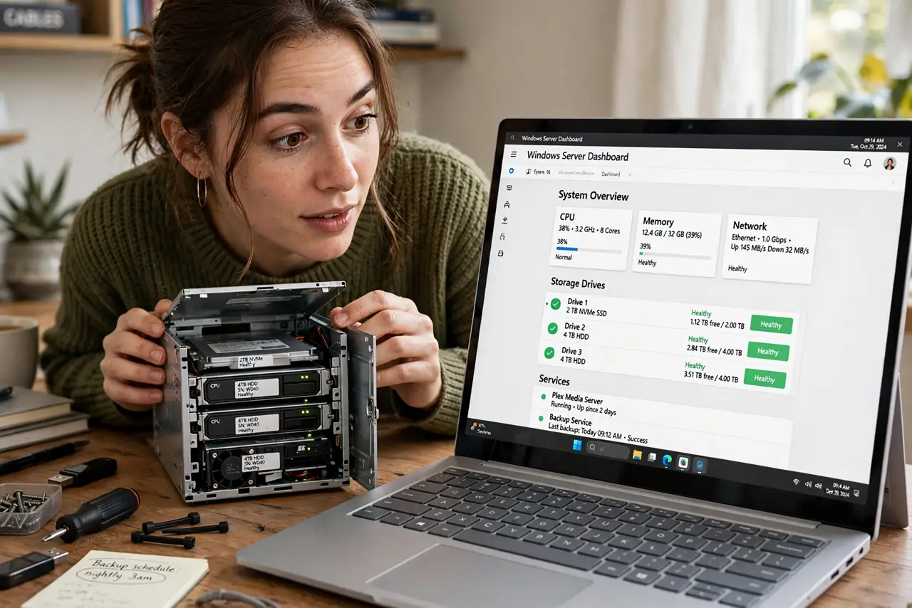 a person opening a small real home server case with visible drives on a desk, a laptop nearby showing a server dashboard, the person's face curious, home office. No black screen, n.