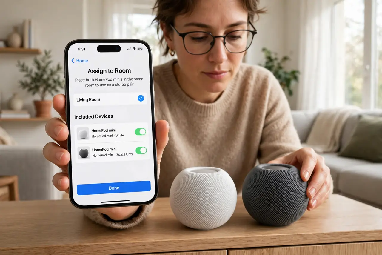 Photoreal photo of a person performing the first step: Put both minis in the same room. In the Home app, both speakers must be assigned to the same...