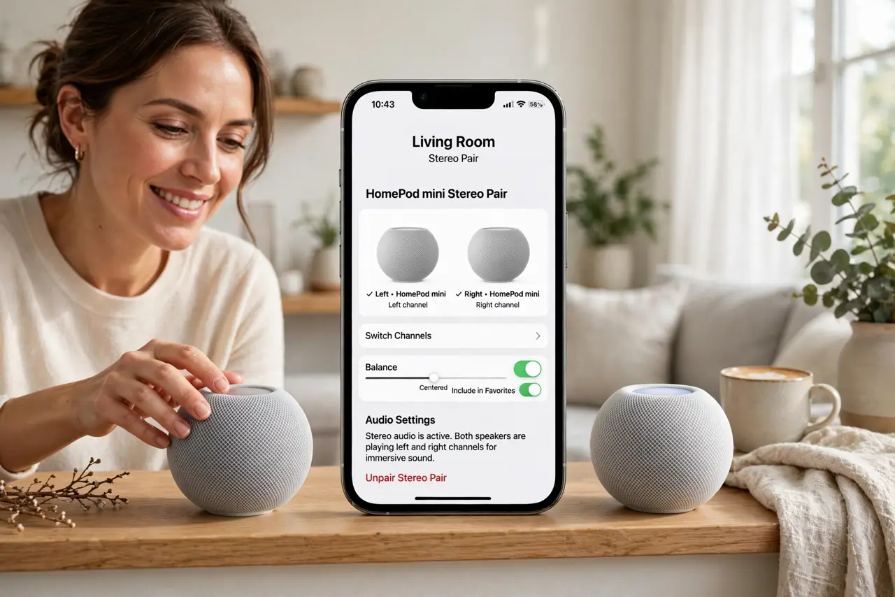 Photoreal photo: two real HomePod mini speakers on a wooden shelf flanking a real iPhone showing the Home app stereo pair screen, a person adjusting one speaker, face pleased, bright living room. No black screen, n...