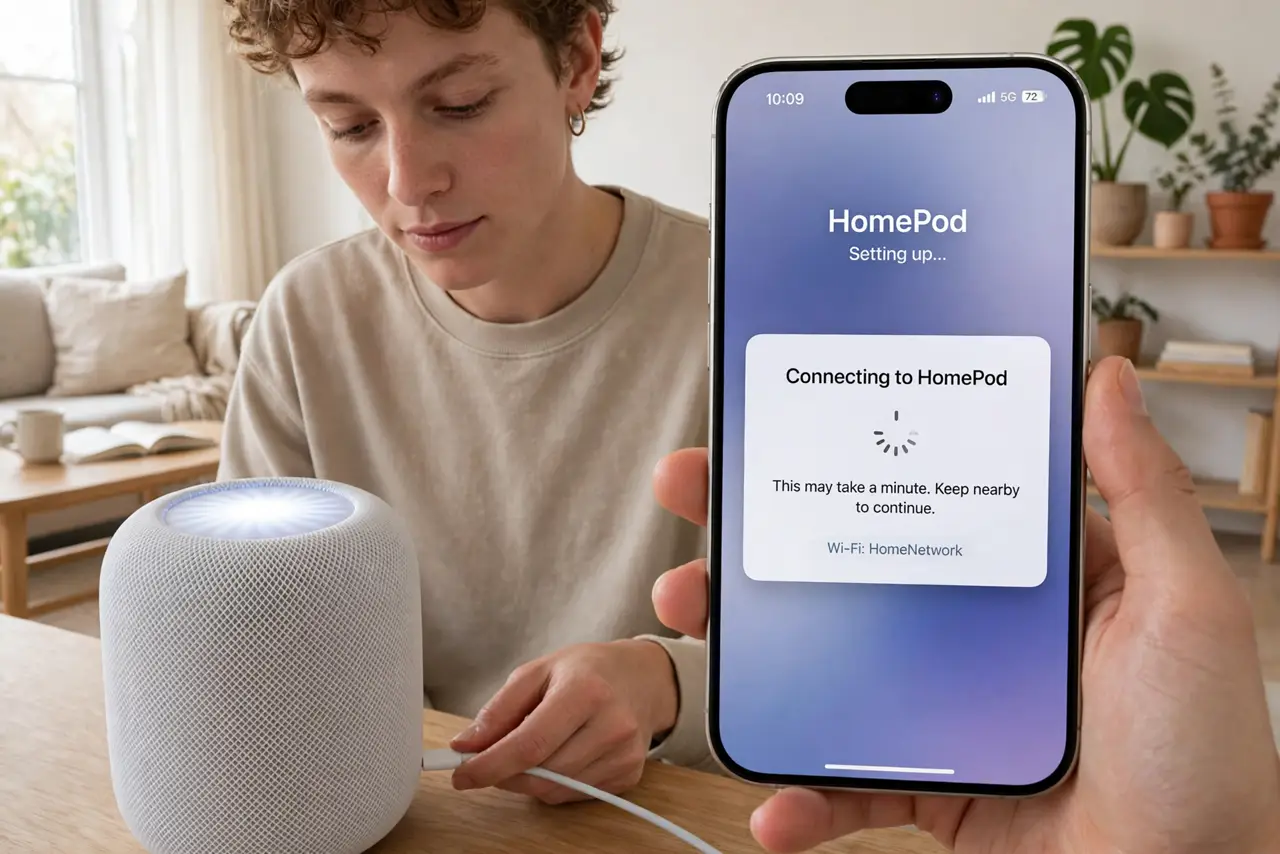 Photoreal photo of a person performing the first step: Plug it in and wait for the glow. Connect the power cable and wait for the white spinning li...