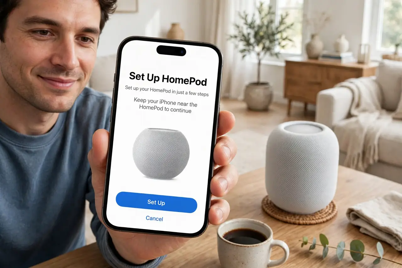Photoreal photo: a person holding a real iPhone next to a real HomePod speaker on a wooden table, the phone showing a legible setup screen, the person's face pleased, bright living room. No black screen, no blank w...