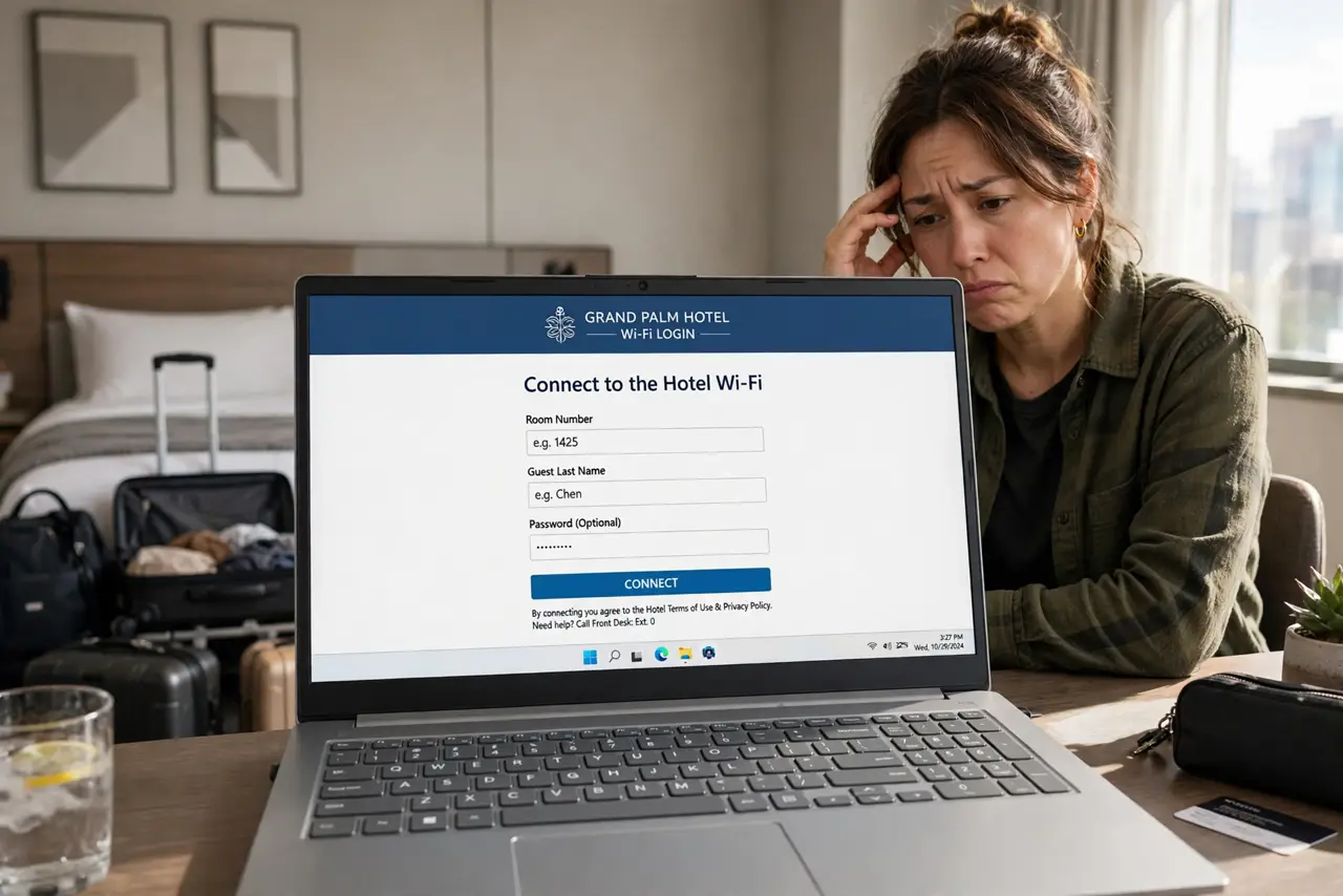 Hotel Wi-Fi Asks You to Log In Hourly — a traveler in a hotel room with a real laptop showing a Wi-Fi login page, luggage in the background, the perso