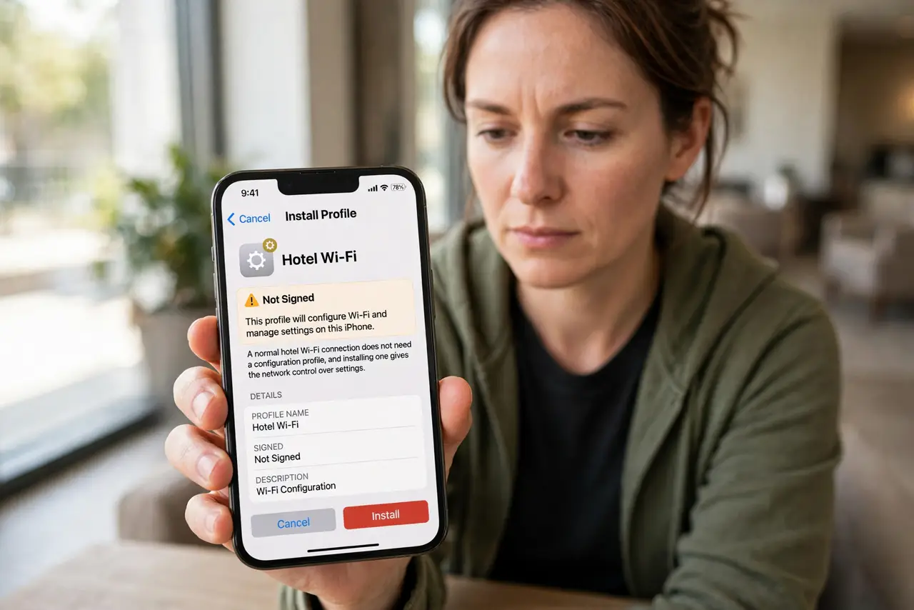 Hotel Wi-Fi Asks to Install a Profile? Say No — step 1 being performed on the device.