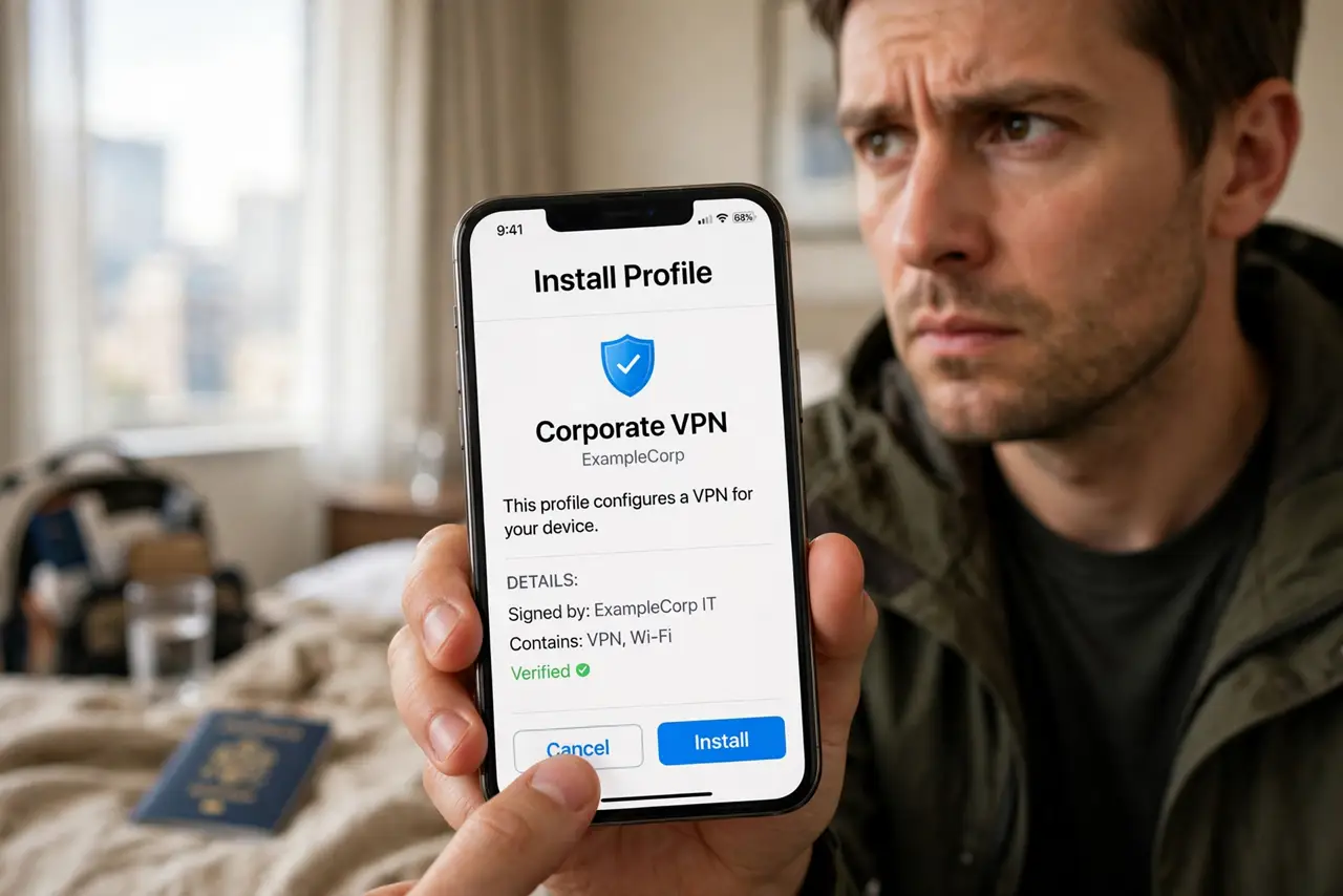 Hotel Wi-Fi Asks to Install a Profile? Say No — photo showing the situation described in the guide.