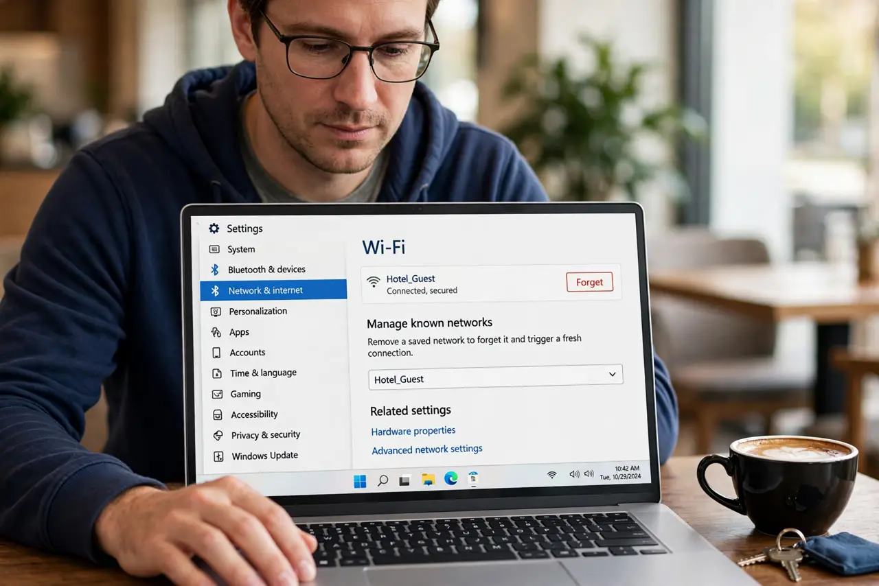 A person performing step 1 of the guide: Get a fresh portal session. Forget the hotel network in Wi-Fi settings, then join it again. A new join triggers a new portal session, which often breaks the looping hotel login the...