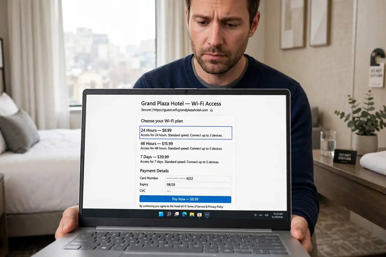 a calm adult in a hotel room holding a real laptop showing a hotel Wi-Fi payment page with legible text, looking puzzled but calm. No black screen, no blank white screen, no fake or garbled screen text.