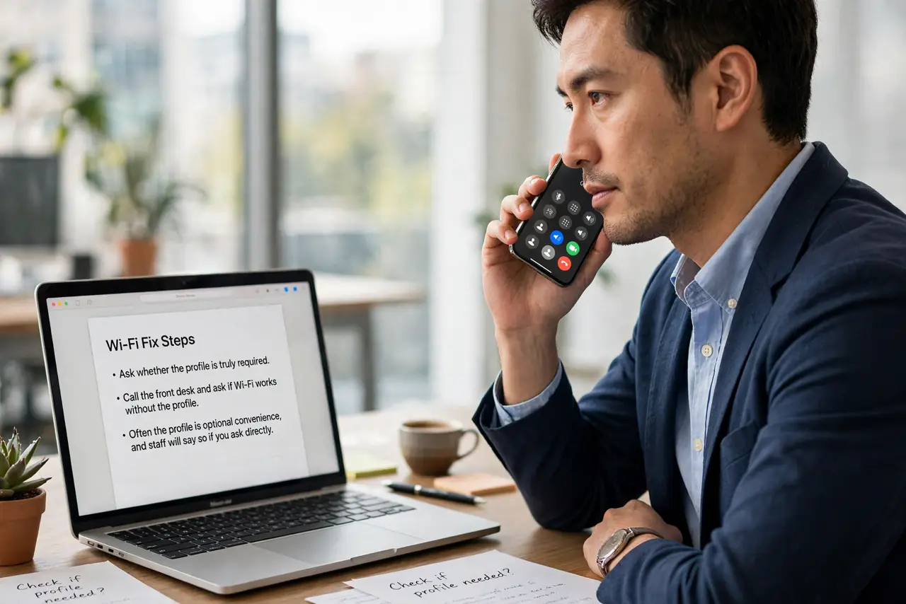 A person performing step 1 of the guide: Ask whether the profile is truly required. Call the front desk and ask if Wi-Fi works without the profile. Often the profile is optional...