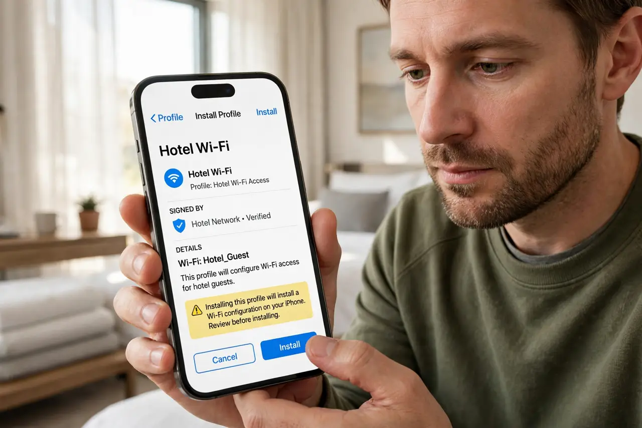 a calm adult in a hotel room holding a real iPhone showing a normal profile installation prompt with legible text, the person hesitating before tapping